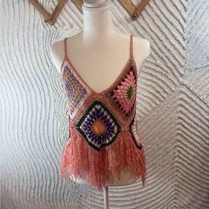 Boho hippie Crochet Fringe granny squares festival top in Coral and Multicolor